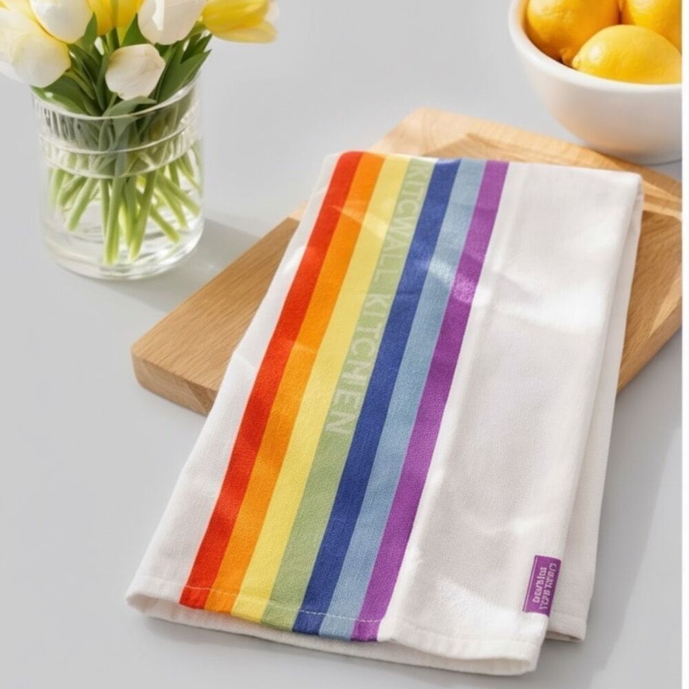 Stonewall Kitchen Rainbow Jacquard Stripe Tea Towel 100% Cotton NWT